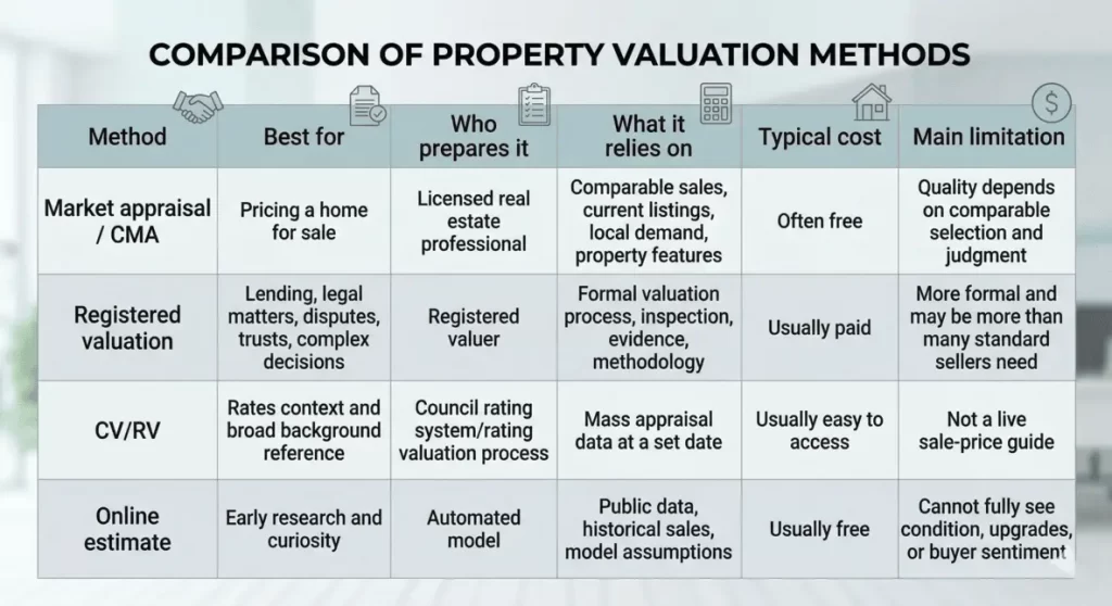 Market appraisal vs registered valuation vs CVRV vs online estimate